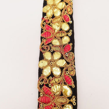 Black Fabric Trim In Pink & Gold Floral Embroidery, Gota Patti Trim, Indian Flower Border